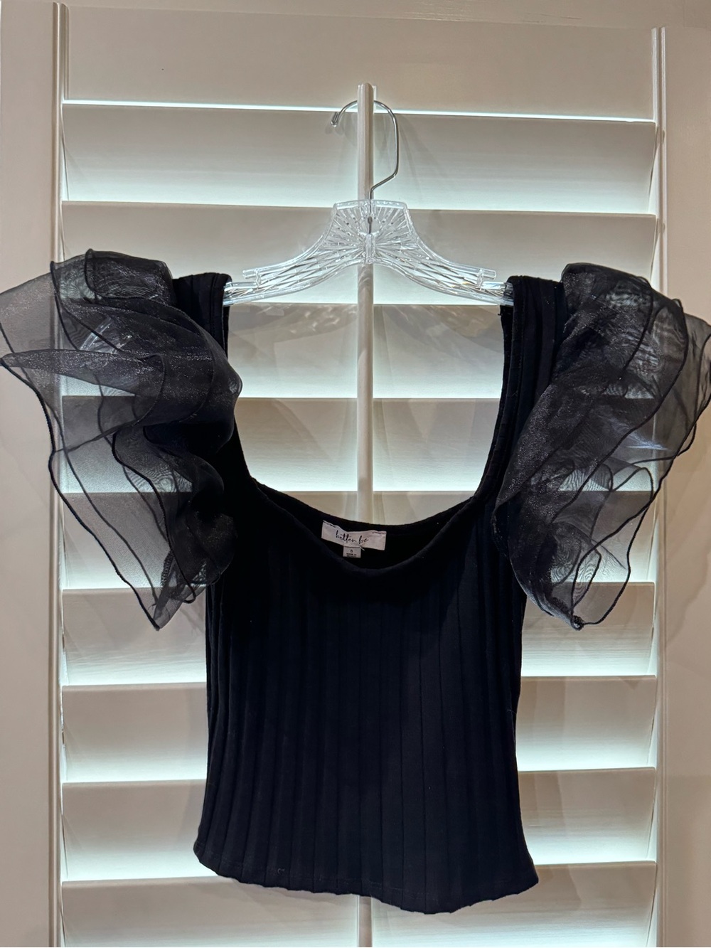 Better Be Black Ribbed Chiffon Ruffle Sleeve Boatneck Top